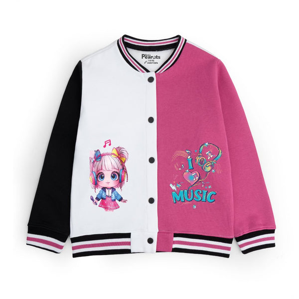 FLEECE BASEBALL JACKET - SHOCKING PINK WHITE MUSIC LITTLE GIRL