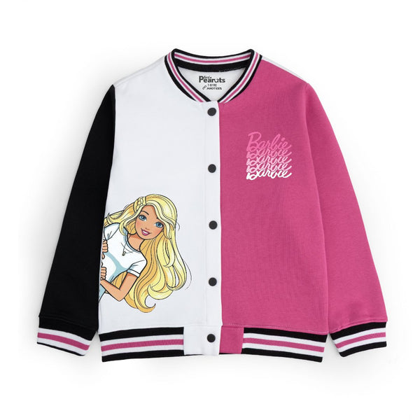 FLEECE BASEBALL JACKET - SHOCKING PINK WHITE SIDE BARBIE