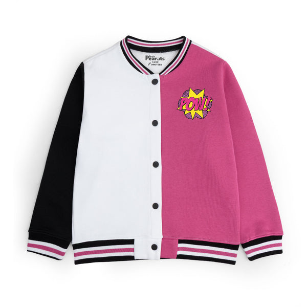 FLEECE BASEBALL JACKET - SHOCKING PINK WHITE POW POWER PUFF GIRLS