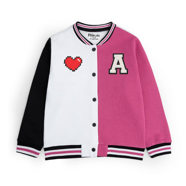 FLEECE BASEBALL JACKET - SHOCKING PINK WHITE HEART WITH A LOGO