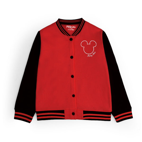 FLEECE BASEBALL JACKET - RED BLACK COLORFULL MICKEY MOUSE