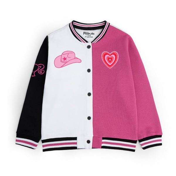 FLEECE BASEBALL JACKET - SHOCKING PINK WHITE BARBIE HEART
