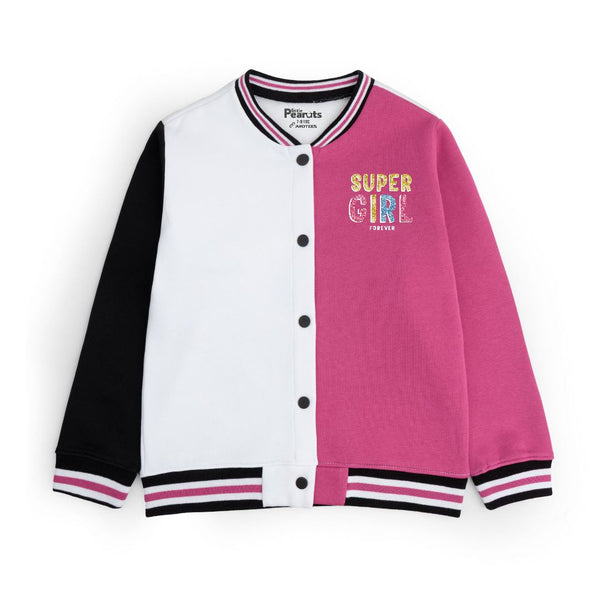 FLEECE BASEBALL JACKET - SHOCKING PINK WHITE SUPER GIRL