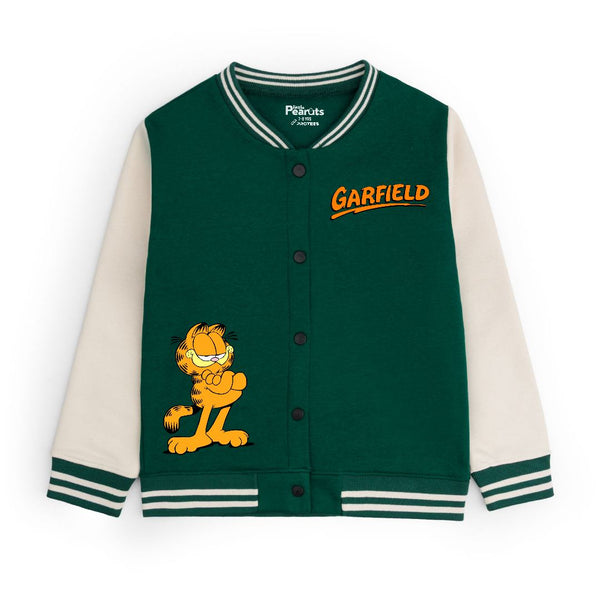FLEECE BASEBALL JACKET - GREEN OFFWHITE GARFIELD POSE