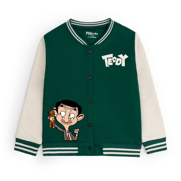 FLEECE BASEBALL JACKET - GREEN OFFWHITE MISTER BEAN WITH TEDDY