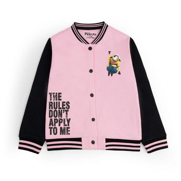 FLEECE BASEBALL JACKET - BABY PINK BLACK MINION RULES