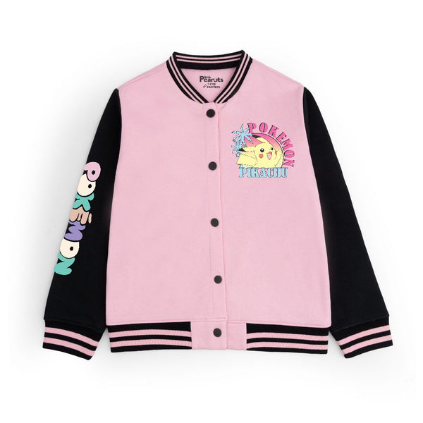 FLEECE BASEBALL JACKET - BABY PINK BLACK POKEMON PIKACHU
