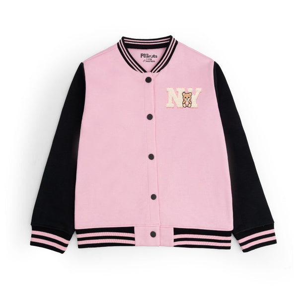 FLEECE BASEBALL JACKET - BABY PINK BLACK NY BEAR
