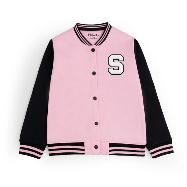 FLEECE BASEBALL JACKET - BABY PINK BLACK S LOGO