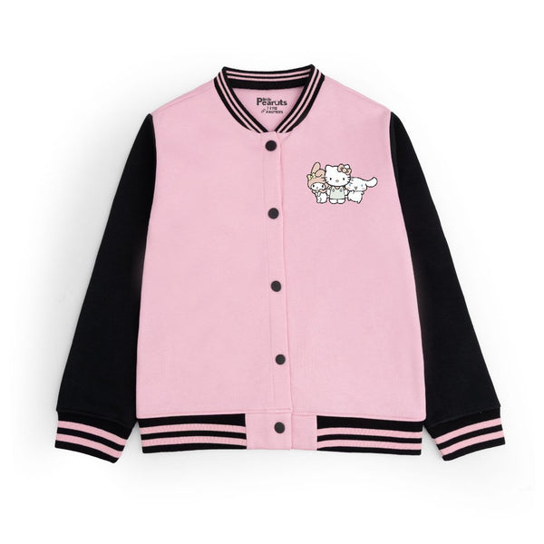 FLEECE BASEBALL JACKET - BABY PINK BLACK HELLO KITTY FRIENDS