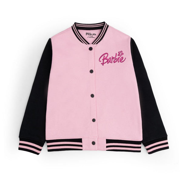FLEECE BASEBALL JACKET - BABY PINK BLACK BARBIE RAINBOW
