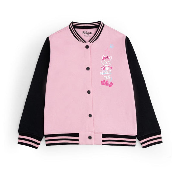 FLEECE BASEBALL JACKET - BABY PINK BLACK MELODY CAT