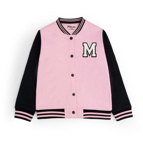 FLEECE BASEBALL JACKET - BABY PINK BLACK M LOGO