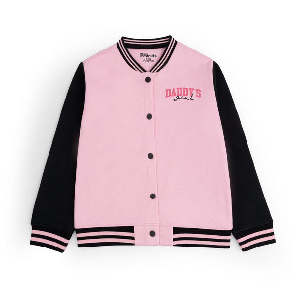 FLEECE BASEBALL JACKET - BABY PINK BLACK DADDY'S GIRL