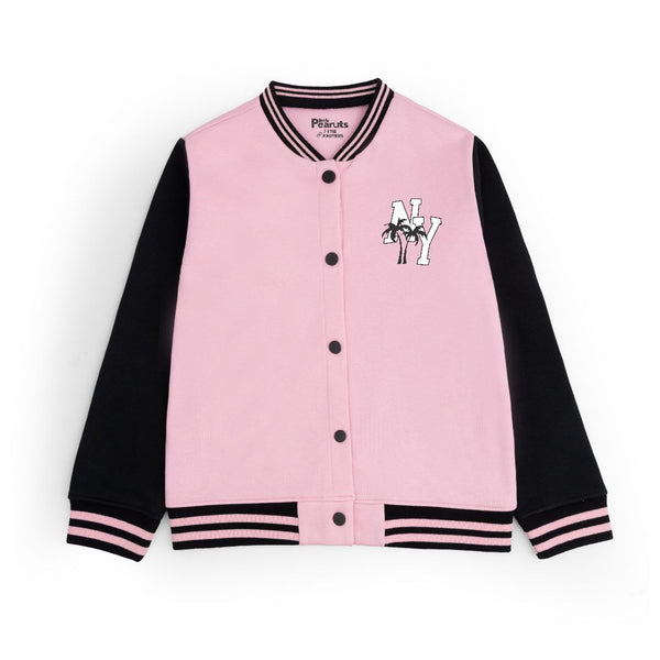 FLEECE BASEBALL JACKET - BABY PINK BLACK NY CITY