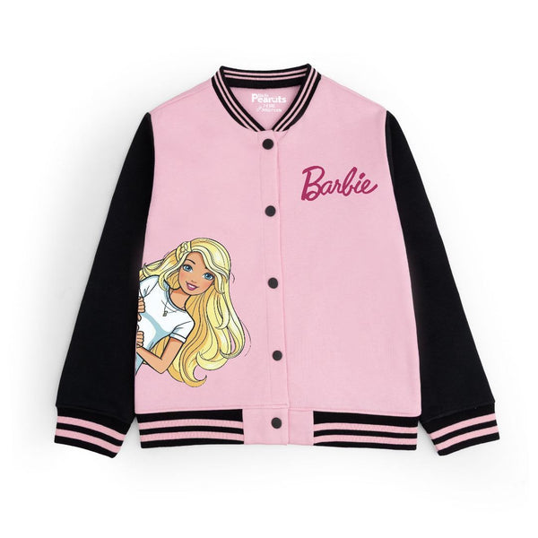 FLEECE BASEBALL JACKET - BABY PINK BLACK SIDE BARBIE