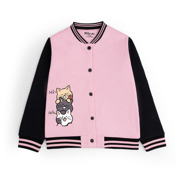 FLEECE BASEBALL JACKET - BABY PINK BLACK HI CAT HELLO