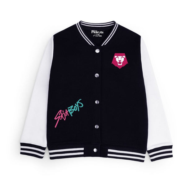FLEECE BASEBALL JACKET - BLACK WHITE SAJA POSING